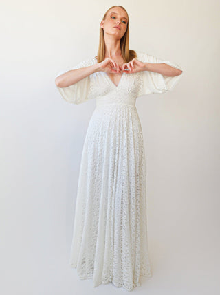 New Collection 2023 Vintage Deep V Neckline Bat Sleeves Bohemian Pearly white Wedding Dress #1382 Maxi Blushfashion