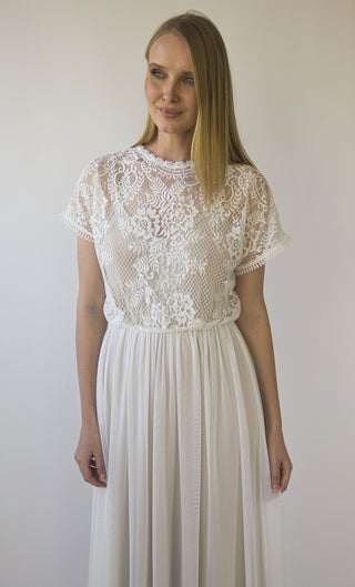 Pearly Lace Illusion Neckline wedding dress with Batwing short sleeves, circle mash chiffon skirt#1413 Maxi Blushfashion