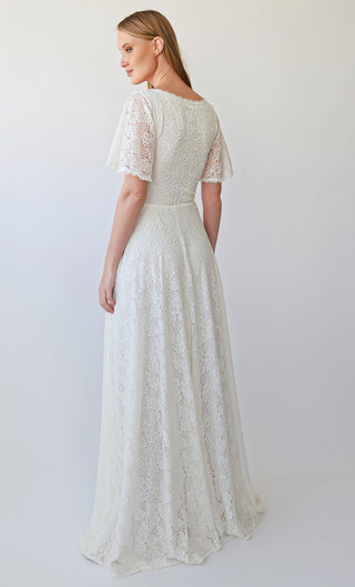 Romantic Ivory Sweetheart Lace Wedding Dress with Short Sleeves #1396 Maxi Blushfashion