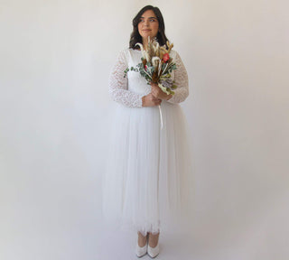 Short wedding dress ,Curvy  Ivory Boat neckline Tulle & Lace Midi Dress #1323 Maxi Blushfashion