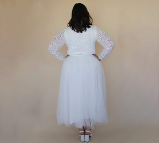 Short wedding dress ,Curvy  Ivory Boat neckline Tulle & Lace Midi Dress #1323 Maxi Blushfashion