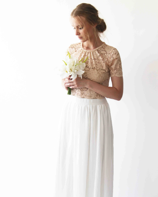 Wedding Dress Separates, Blush Lace Top, Ivory Chiffon Skirt #1380 Maxi Blushfashion