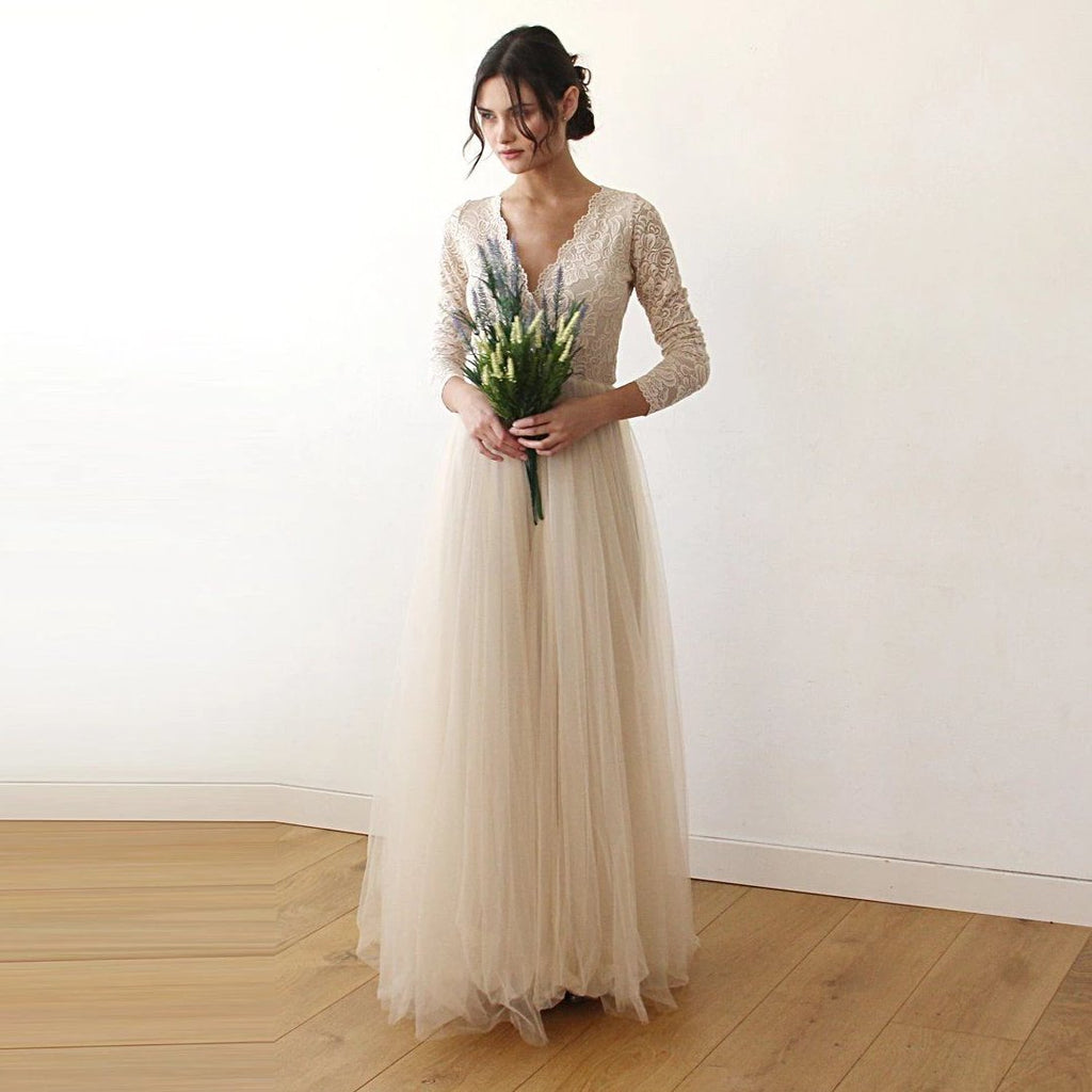 Twist Straps V Neckline Tulle Maxi Dress Champagne main image 0
