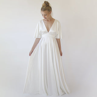 Curvy Deep V Neckline Bat Sleeves Minimalist Wedding Dress #1350 Maxi XXS-XS Blushfashion