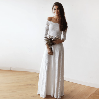 Ivory Off-The-Shoulder Floral Lace Dress #1119 Maxi XXS-XS Blushfashion