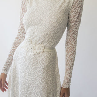 Long sleeves boat neckline modest wedding dress with floral sash belt #1296 Maxi XXS-XS Blushfashion
