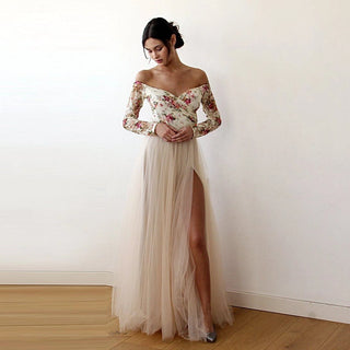 Off-Shoulder Floral And Champagne Tulle Dress  #1176 Maxi XXS-XS Blushfashion
