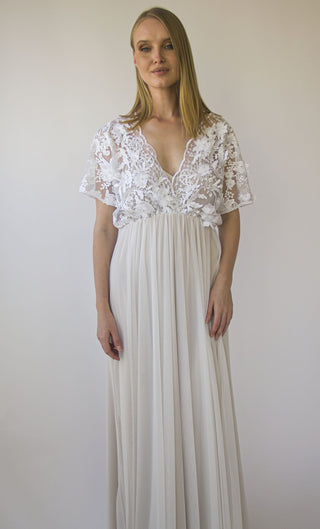 Pearly 3D Floral Lace, V Neckline wedding dress with Batwing short sleeves, circle mash chiffon skirt#1416 Midi Blushfashion