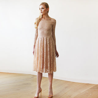 Short wedding dress ,Pink Off-The-Shoulder Floral Lace Long Sleeve Midi Dress #1149 Midi XXS-XS Blushfashion
