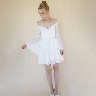Short wedding dress, Off the shoulder mini length wedding dress with bell sleeves  #1370 Mini Blushfashion
