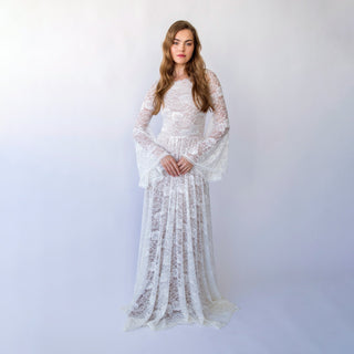 New Collection Vintage style Ivory bateau neckline Lace dress Long Bell Sleeves Bohemian Wedding Gown #1424 Blushfashion