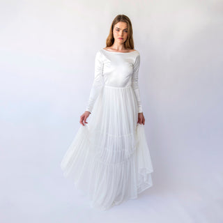 Open Back Ivory Long Sleeves Romantic wedding dress,Boat neckline, Satin Top and Chiffon Mesh Skirt Vintage Style  #1451 Blushfashion