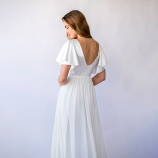 Satin Ivory Flutter Sleeves Romantic Wedding dress , Chiffon mesh Skirt Vintage Style  #1450 Blushfashion
