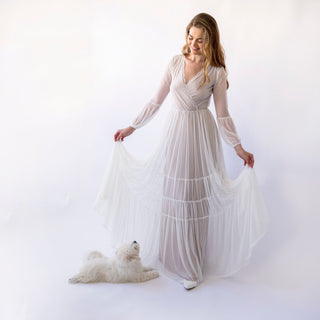 Vintage Pearly Wrap Mesh Chiffon Wedding Dress with Puffy Sleeves | Timeless Elegance and Charm | Bridal Gown #1462 Blushfashion