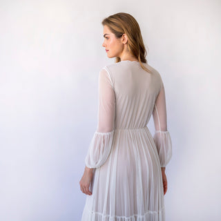 Vintage Pearly Wrap Mesh Chiffon Wedding Dress with Puffy Sleeves | Timeless Elegance and Charm | Bridal Gown #1462 Blushfashion