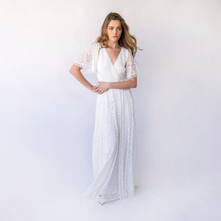 Whispering Lace Fantasy: Delicate Wrap Neckline Wedding Dress Ivory Wrap lace bohemian wedding Gown #1461 Blushfashion