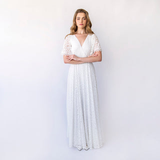 Whispering Lace Fantasy: Delicate Wrap Neckline Wedding Dress Ivory Wrap lace bohemian wedding Gown #1461 Blushfashion