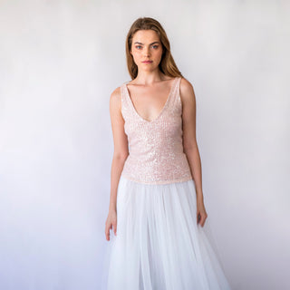 Bridal set, Pearly Tulle skirt, and Blush Pink Sequins sleeveless tank top with V-neckline #1444 Blush