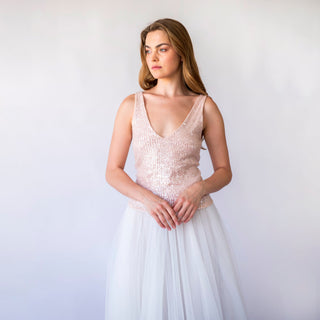 Bridal set, Pearly Tulle skirt, and Blush Pink Sequins sleeveless tank top with V-neckline #1444 Blush