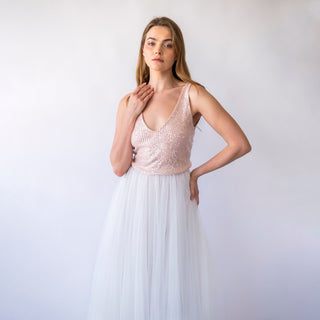 Bridal set, Pearly Tulle skirt, and Blush Pink Sequins sleeveless tank top with V-neckline #1444 Custom Order (US$281.40) Blush