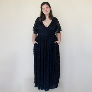 Black Wrap Flutter Sleeves Dress Lace Maxi Dress with pockets #1376 Blushfashion