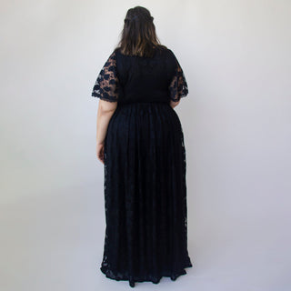 Black Wrap Flutter Sleeves Dress Lace Maxi Dress with pockets #1376 Blushfashion