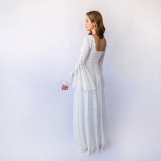 Bohemian Ivory Chic Square Neck & Ethereal Bell Sleeves: Lace Bridal Gown  #1460 Blushfashion