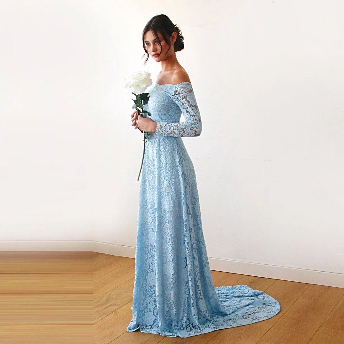 women's light blue winter off the shoulder dress Light Blue Off-The-Shoulder Dress with Train #1148