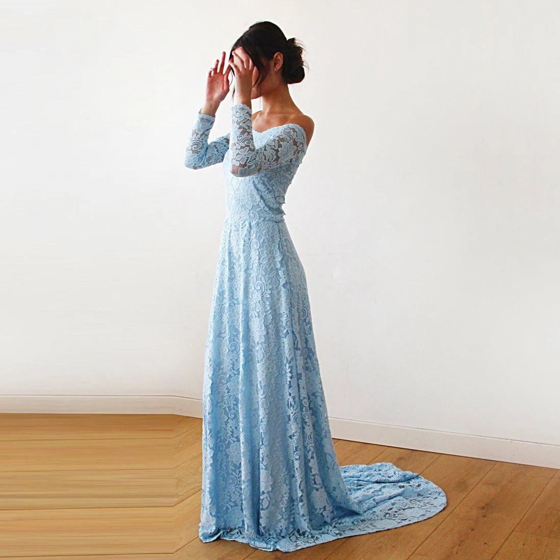 Light Blue Off-The-Shoulder Dress with Train #1148 Light Blue Off-The-Shoulder Dress with Train #1148
