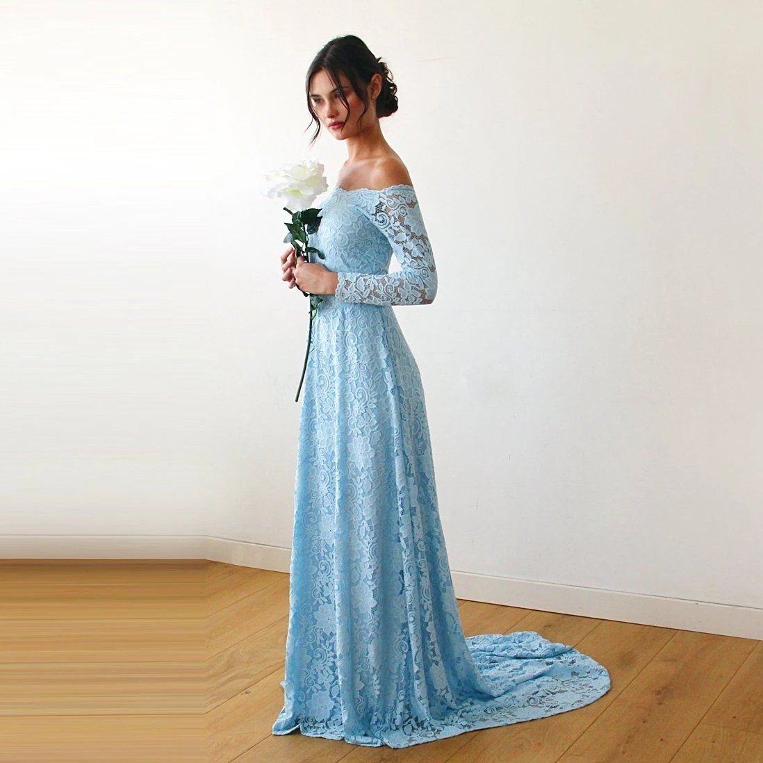 Light Blue Off-The-Shoulder Dress with Train #1148 Light Blue Off-The-Shoulder Dress with Train #1148