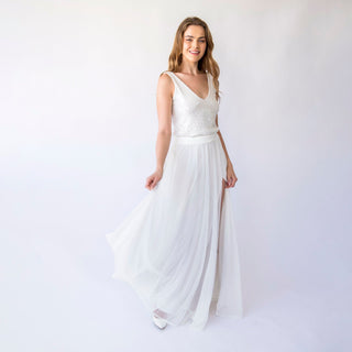 Bridal set, Chiffon skirt with a slit and Sequins sleeveless tank top with V-neckline #1445 Blushfashion