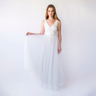 Bridal set, Pearly Tulle skirt, and Sequins sleeveless tank top with V-neckline #1444 Blushfashion