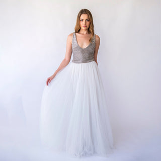 Bridal set, Pearly Tulle skirt, and Silver Sequins sleeveless tank top with V-neckline #1444 Blushfashion