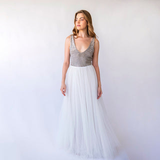 Bridal set, Pearly Tulle skirt, and Silver Sequins sleeveless tank top with V-neckline #1444 Blushfashion