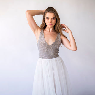 Bridal set, Pearly Tulle skirt, and Silver Sequins sleeveless tank top with V-neckline #1444 Blushfashion