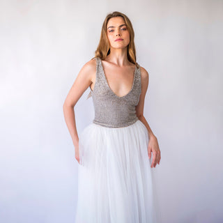 Bridal set, Pearly Tulle skirt, and Silver Sequins sleeveless tank top with V-neckline #1444 Blushfashion
