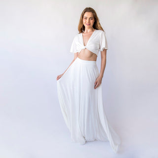 Bridal set skirt with a slit and a romantic crepe knit top with butterfly sleeves, perfect for a beach wedding #1447         Your Etsy Privacy Settings Blushfashion