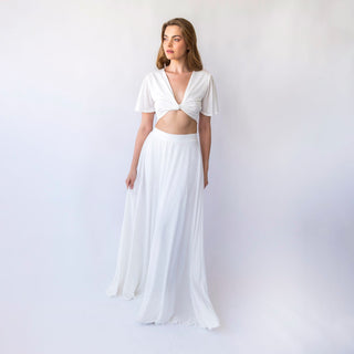 Bridal set skirt with a slit and a romantic crepe knit top with butterfly sleeves, perfect for a beach wedding #1447         Your Etsy Privacy Settings Blushfashion