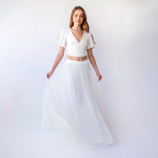 Bridal set with a chiffon skirt with a slit and a romantic crepe knit top with butterfly sleeves, perfect for a beach wedding. #1446 Blushfashion