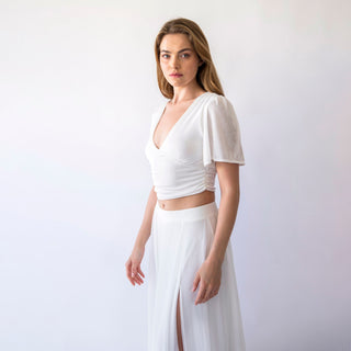 Bridal set with a chiffon skirt with a slit and a romantic crepe knit top with butterfly sleeves, perfect for a beach wedding. #1446 Blushfashion