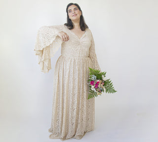 Champagne Lace flare sleeves Wedding Dress #1329 Blushfashion