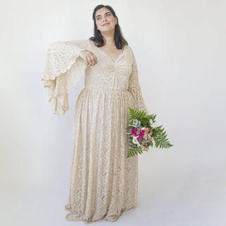 Champagne Lace flare sleeves Wedding Dress #1329 Blushfashion