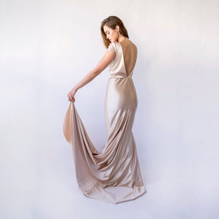 Champagne Short Cape Sleeves Open Back Satin Mermaid Dress with a Train #1455 Blushfashion