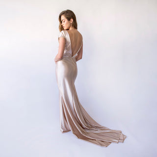 Champagne Short Cape Sleeves Open Back Satin Mermaid Dress with a Train #1455 Blushfashion