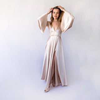 Champagne Silky Satin Deep V Neckline Deep Open Back and Bell Sleeves #1454 Blushfashion