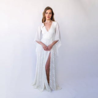 Chiffon Angel Sleeves, Gipsy layered Lace Bohemian Dress, Maxi lace wedding dress with a slit, Vintage Style Bridal Dress #1465 Blushfashion