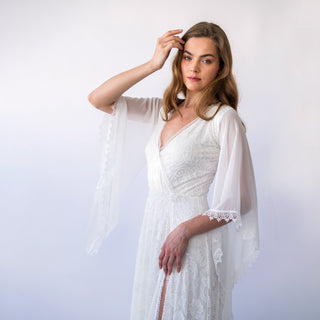 Chiffon Angel Sleeves, Gipsy layered Lace Bohemian Dress, Maxi lace wedding dress with a slit, Vintage Style Bridal Dress #1465 Blushfashion