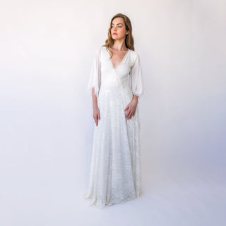 Chiffon Angel Sleeves, Gipsy layered Lace Bohemian Dress, Maxi lace wedding dress with a slit, Vintage Style Bridal Dress #1465 Blushfashion