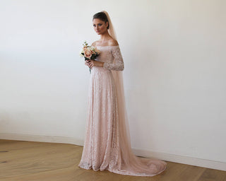 Curvy Baby Pink Off-The-Shoulder Dress With Train, Pastel wedding dress #1148 Blushfashion