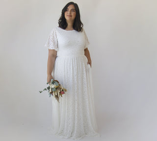 Curvy Bohemian Butterfly Sleeves, Modest Ivory wedding dress with pockets #1318 Blushfashion